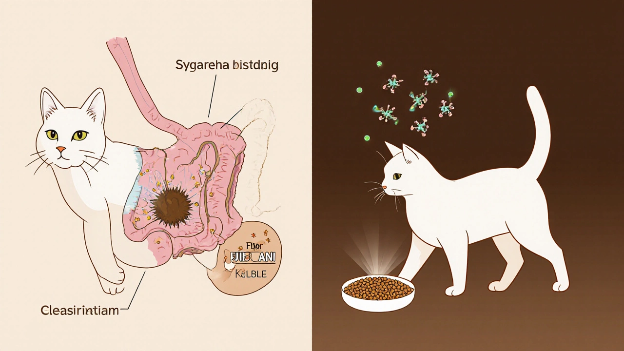 Схема пищеварительной системы кошки, показывающая разницу в переваривании двух видов корма.