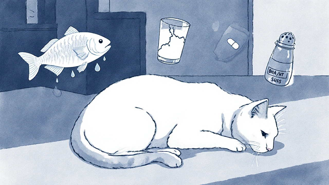 Слабая кошка вокруг которой плавают символы вредных продуктов.