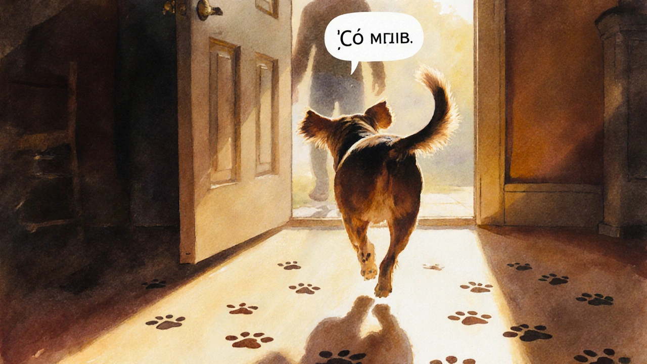 Собака бежит к открытой двери с радостным выражением.