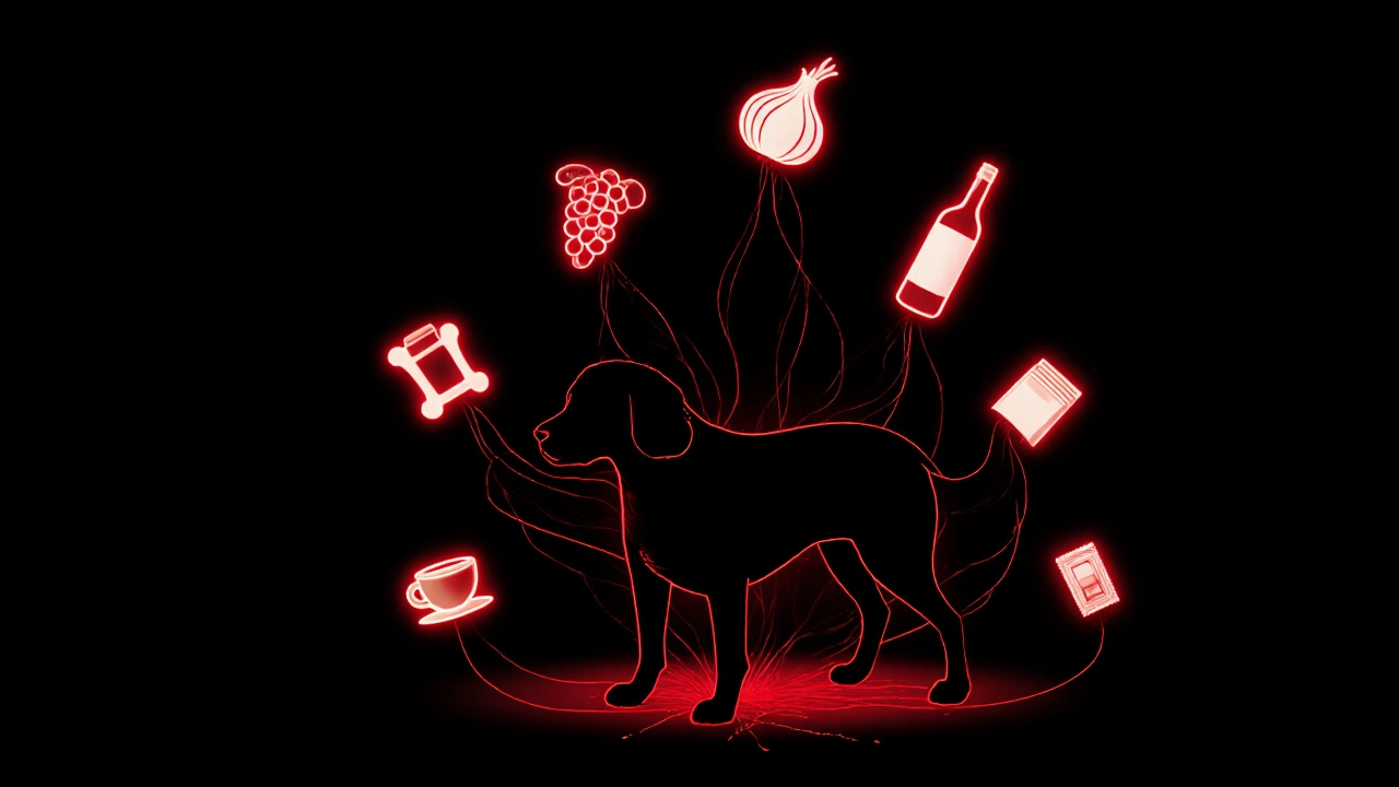 Собака окружена семью символами ядов — шоколад, лук, виноград и другие.