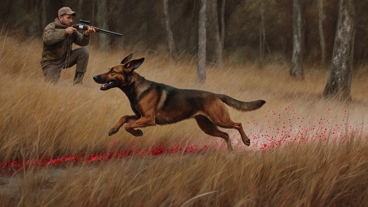Собака следует по следу крови в осеннем лесу, охотник стоит вдали, спокойно наблюдая.