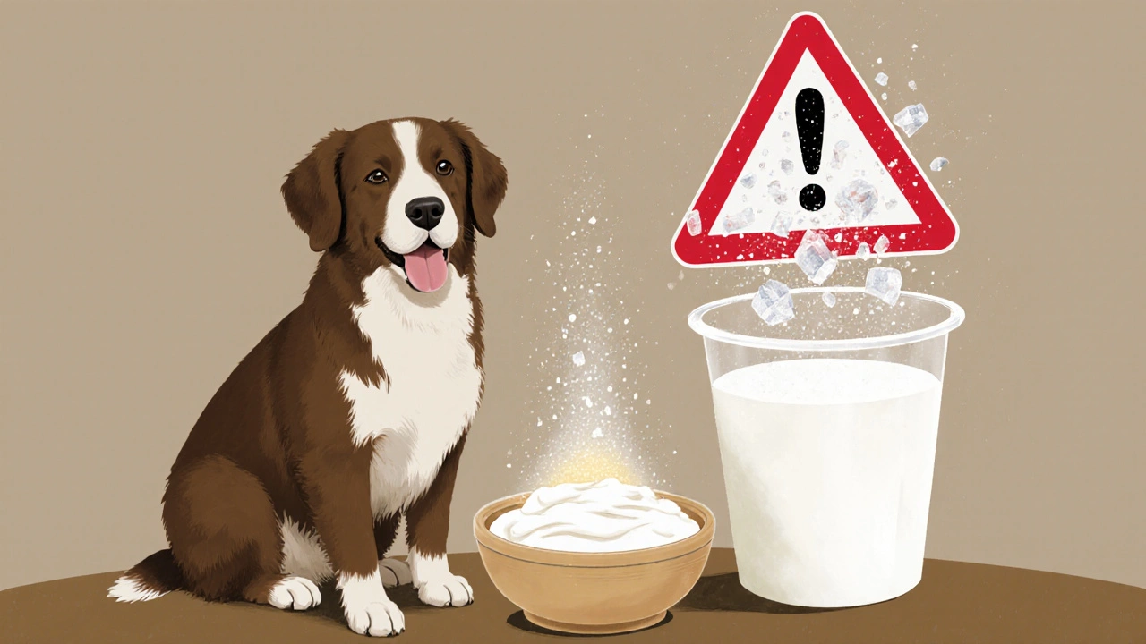 Собака смотрит на творог без соли, в то время как над йогуртом всплывают вредные добавки.