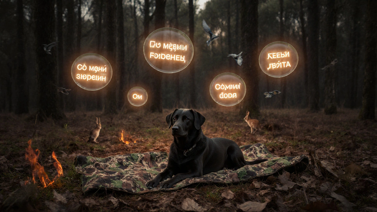 Собака спокойно лежит на укрытии, вокруг неё парят светящиеся команды для охоты.