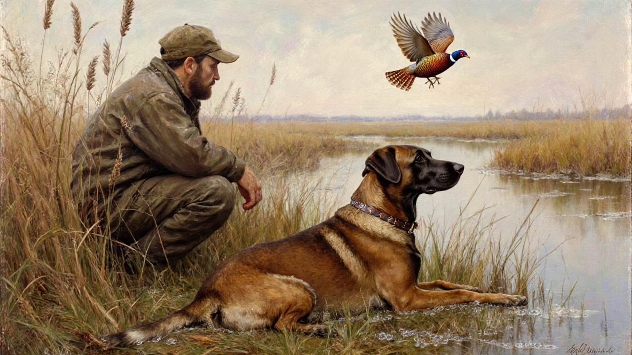 Собака спокойно лежит рядом с охотником у болота, пока взлетает рябчик.