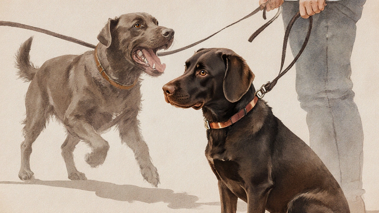 Собака спокойно сидит и смотрит на владельца, поводок расслаблен.