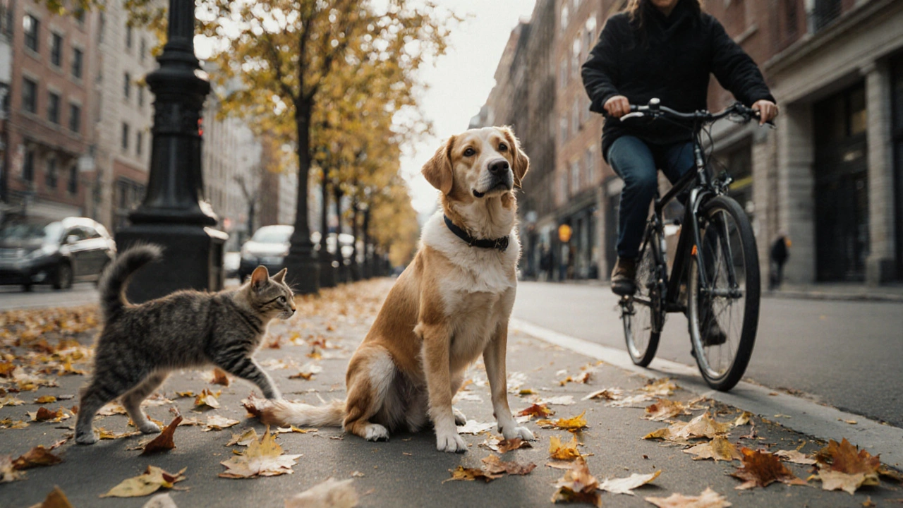 Собака стоит в удержании на оживлённой улице, не реагируя на движущиеся объекты.