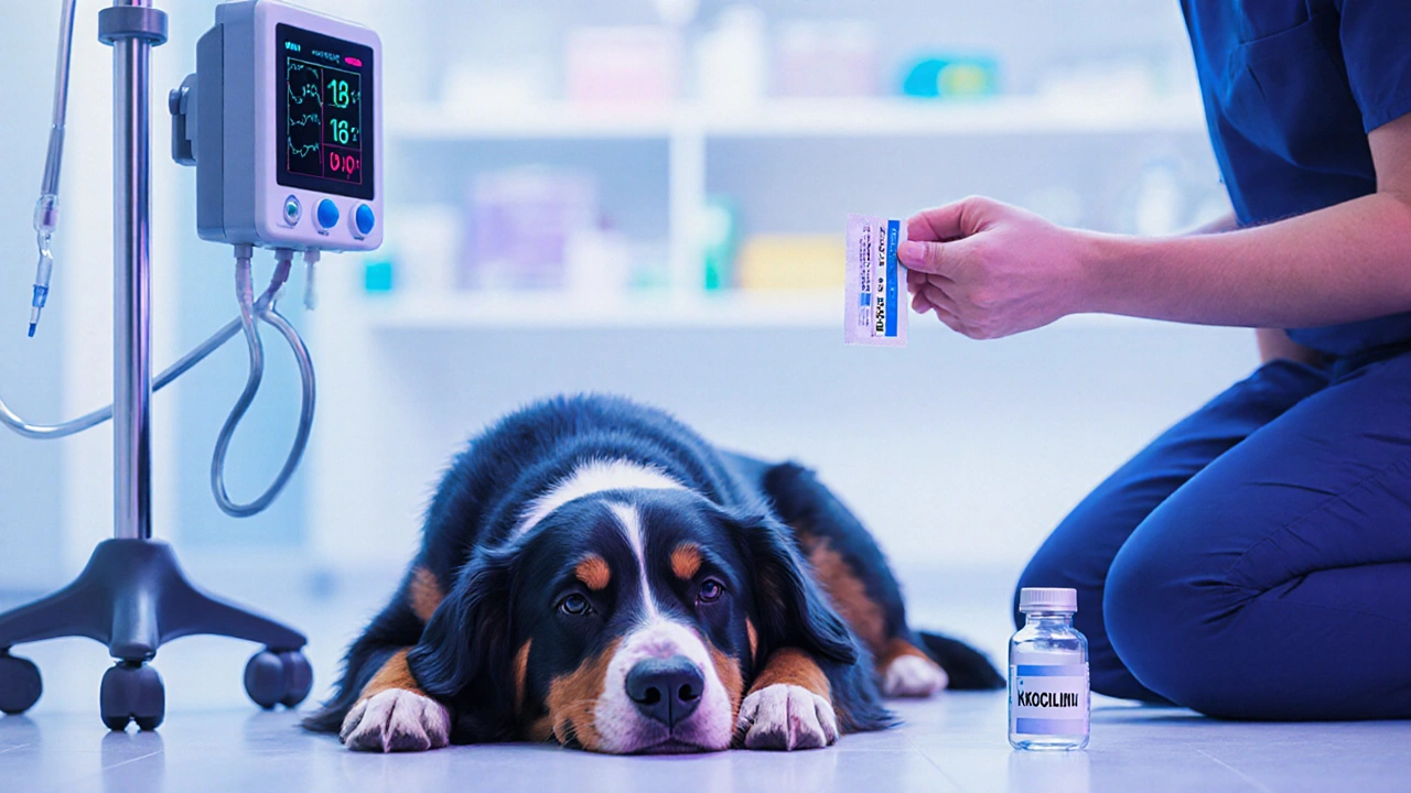 Собака в ветклинике с капельницей, хозяин держит упаковку жевательной резинки.