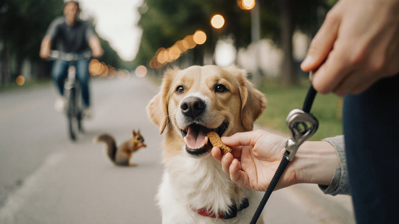 Собака видит отвлекающие факторы, но фокусируется на хозяине, который держит лакомство.