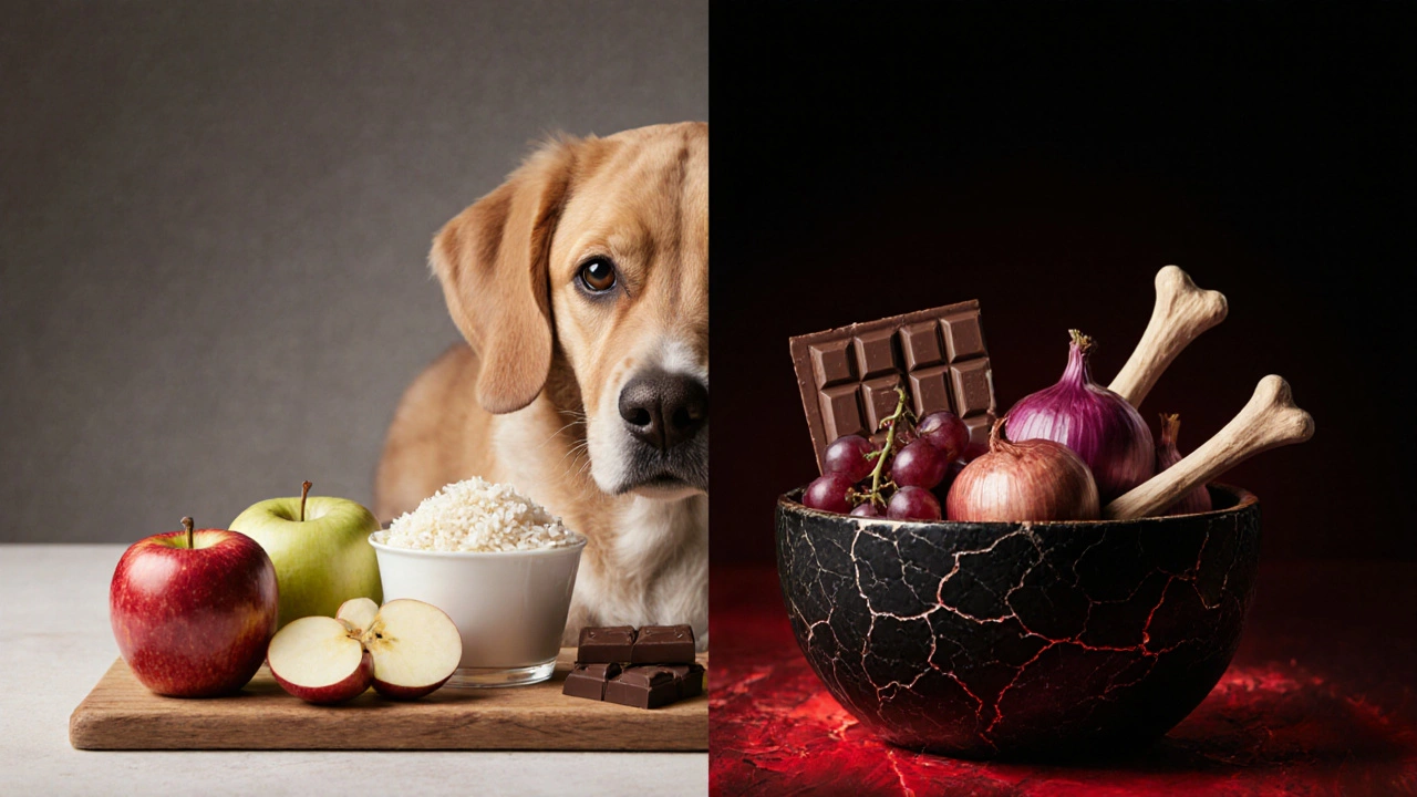 Сравнение безопасных и опасных продуктов для собак в виде разделённой сцены.