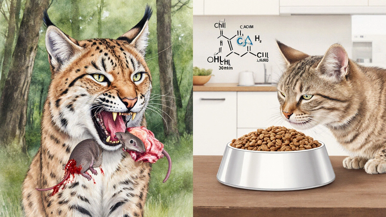 Сравнение дикой кошки, питающейся добычей, и домашней кошки с сухим кормом в водяных красках.