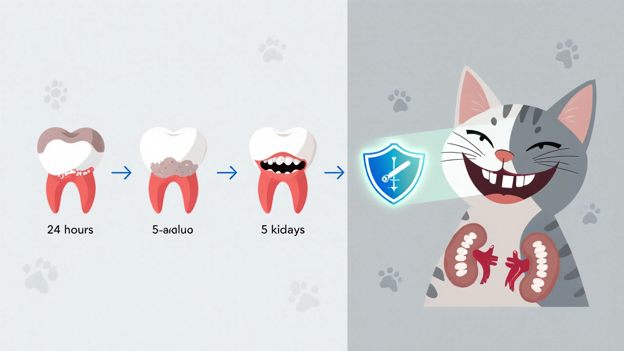 Сравнение: слева — зубной налет и инфекция у кошки, справа — здоровые зубы и десны с символом ежедневного ухода.