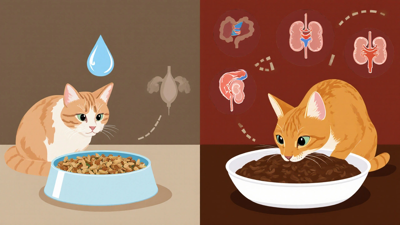 Сравнение сухого корма и паштета: одна кошка без интереса, другая — с радостью ест влажный корм.