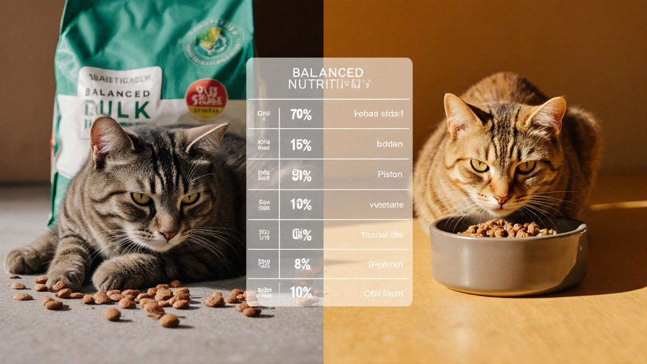 Сравнение: уставшая кошка с сухим кормом слева, активная кошка с натуральной едой справа.