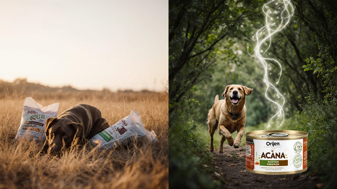 Сравнение уставшей и энергичной охотничьей собаки с кормом.