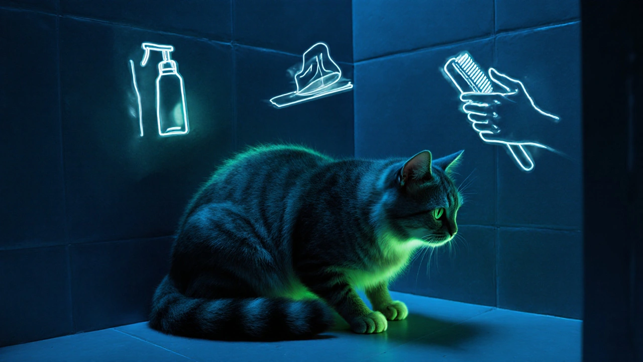 Страшная кошка в углу ванной, вокруг нее — альтернативы водной ванне: сухой шампунь, салфетка и грумер, сияние болезни на шерсти.