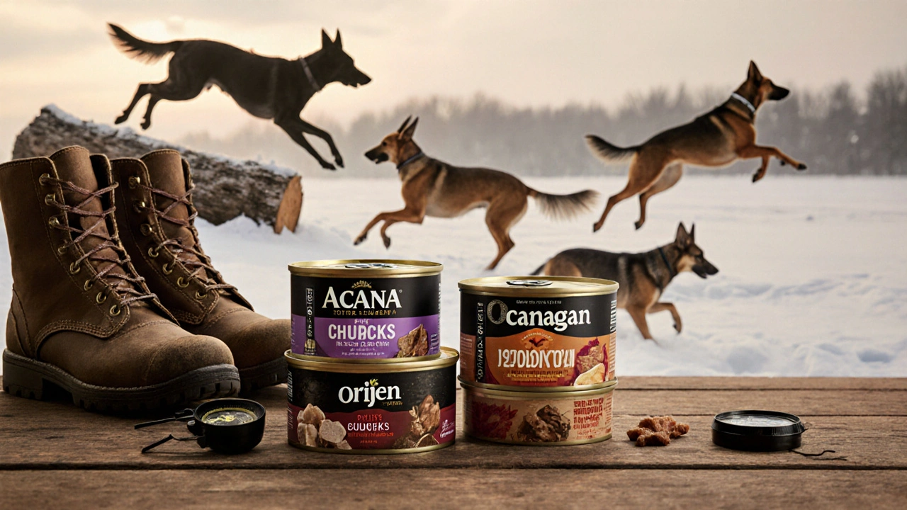 Три банки премиум влажного корма на фоне охотничьих собак в действии.