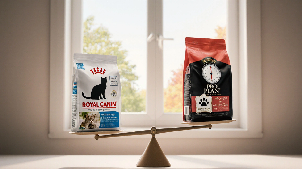 Весы с двумя пакетами корма: один для породистых кошек, другой для стерилизованных и пожилых.