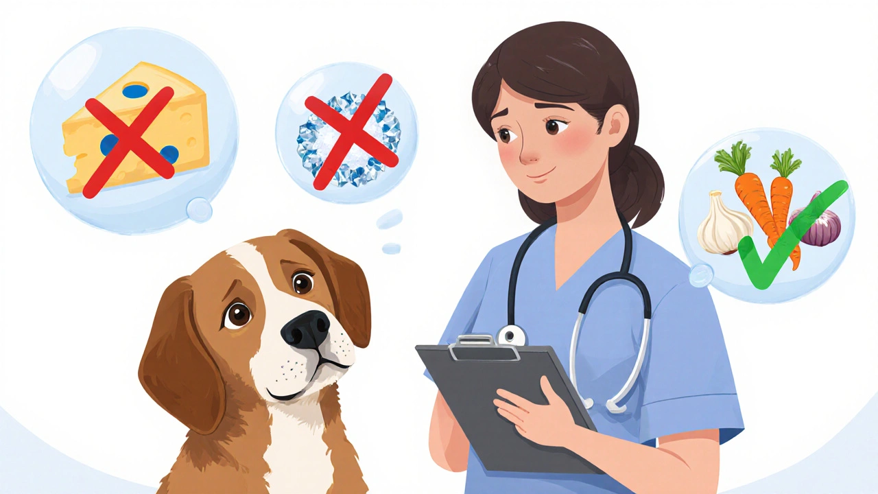 Ветеринар объясняет хозяину, какие сыры вредны для собаки.