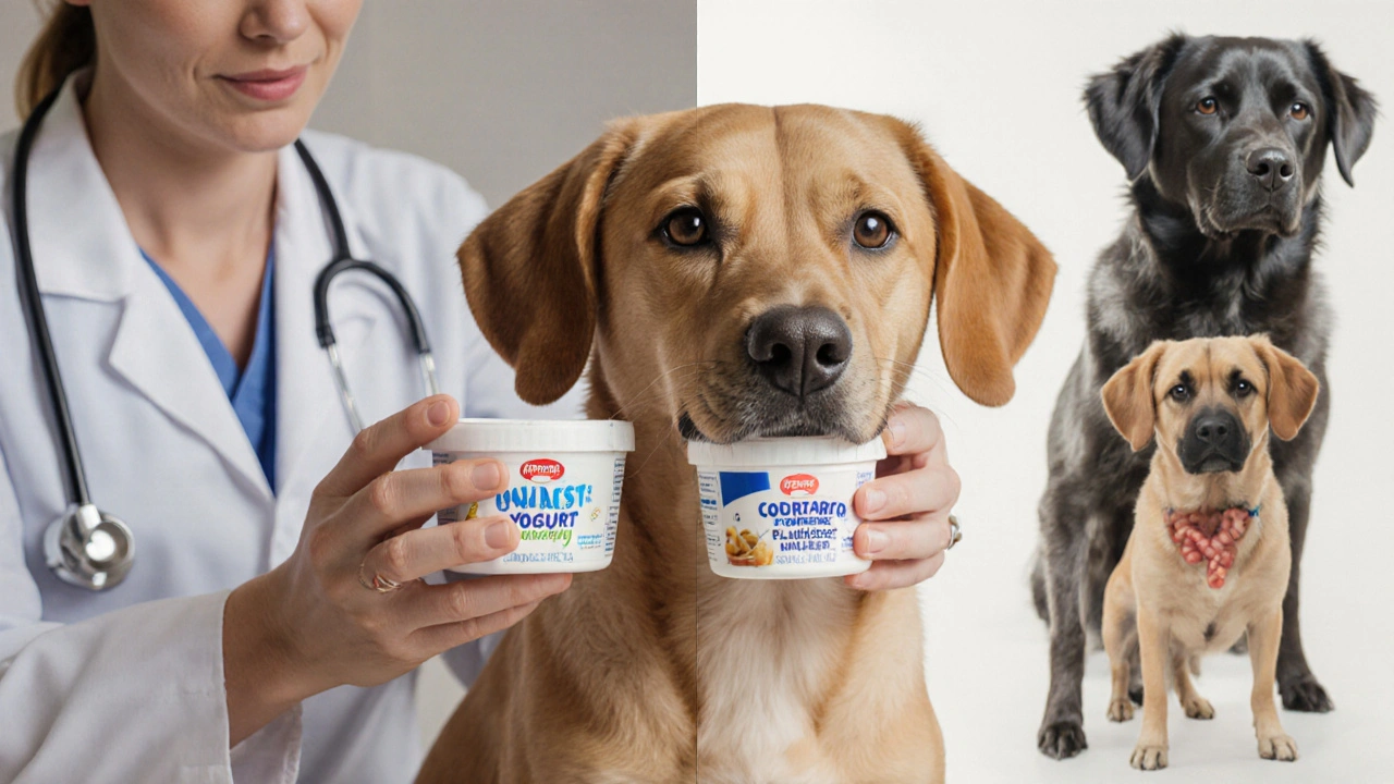 Ветеринар показывает собаке два продукта — йогурт и творог — на фоне двух разных состояний здоровья.