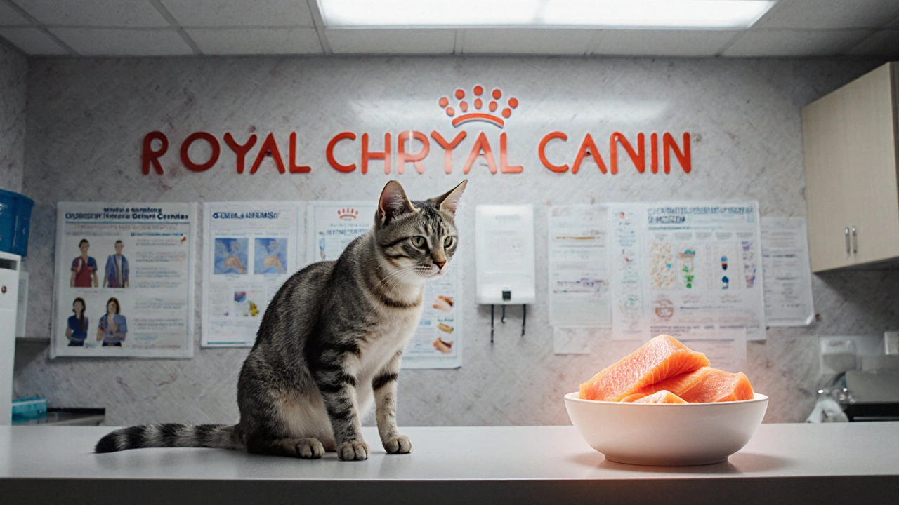 Ветеринарная клиника: больная кошка на столе рядом с рекламой Royal Canin, на столе — свежее мясо без зерна.