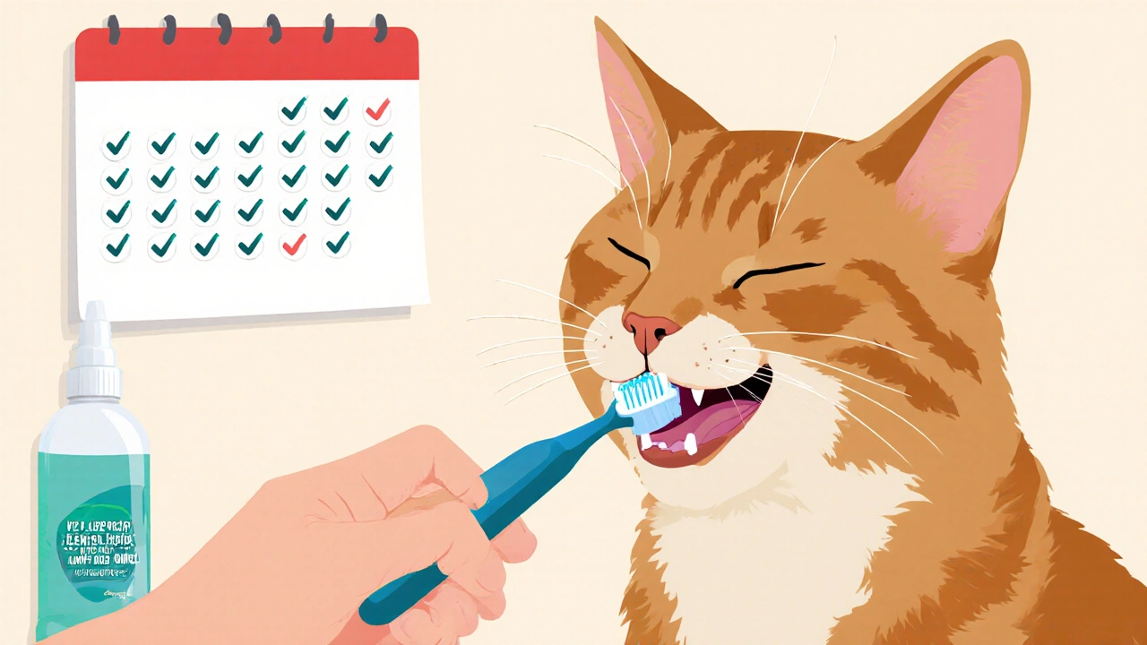 Владелец чистит зубы кошке пальцевой щеткой, кошка спокойна, на фоне календарь с ежедневными отметками.