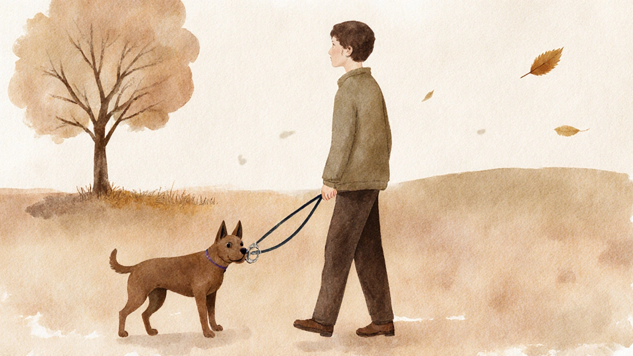 Владелец остановился, а собака тянет поводок, но оглядывается, чтобы понять, что делать дальше.