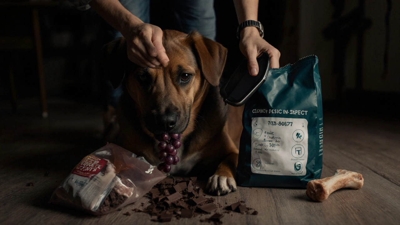 Владелец звонит ветеринару после того, как собака съела виноград.