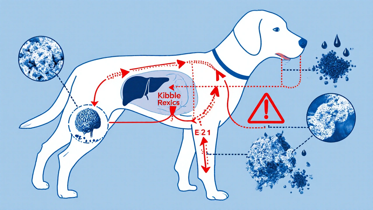 Внутреннее устройство собаки с токсичными веществами, поражающими печень и мозг.