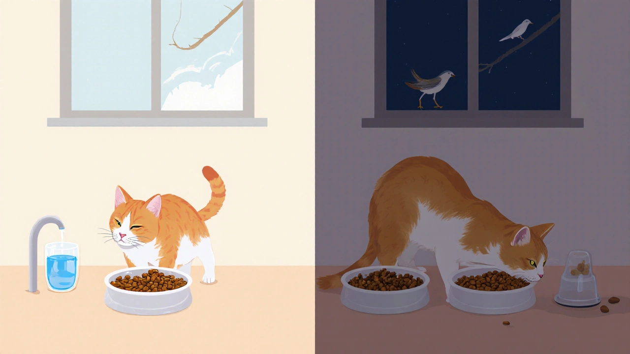 Взрослая кошка кормится два раза в день, рядом стоит фонтанчик для воды.