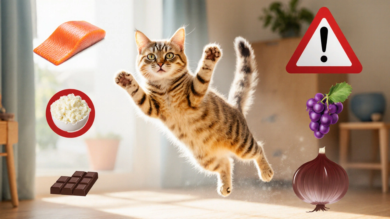 Здоровая кошка прыгает в солнечной комнате, вокруг неё безопасные продукты, а вредные — размыты.