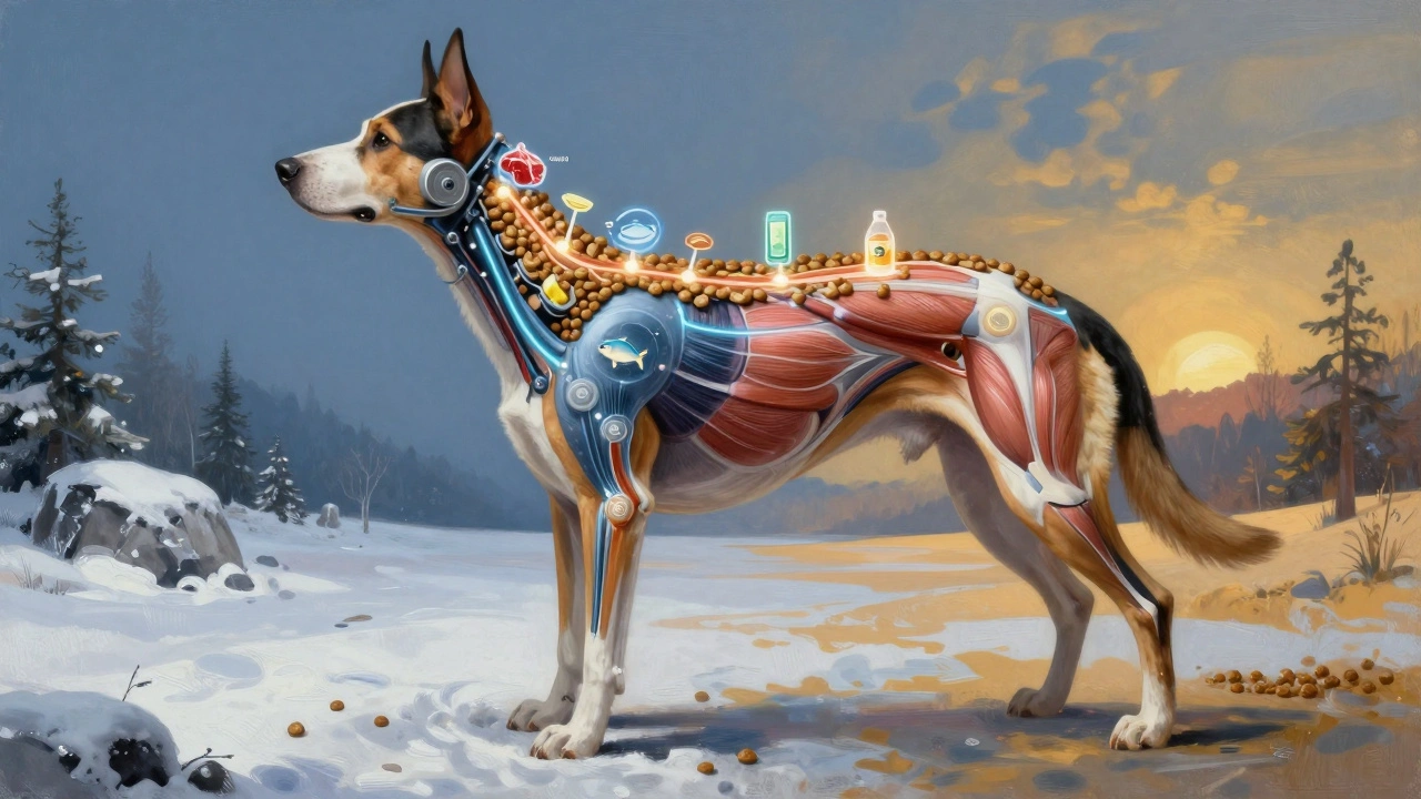 Анатомическая схема собаки с потоками энергии от правильного питания.