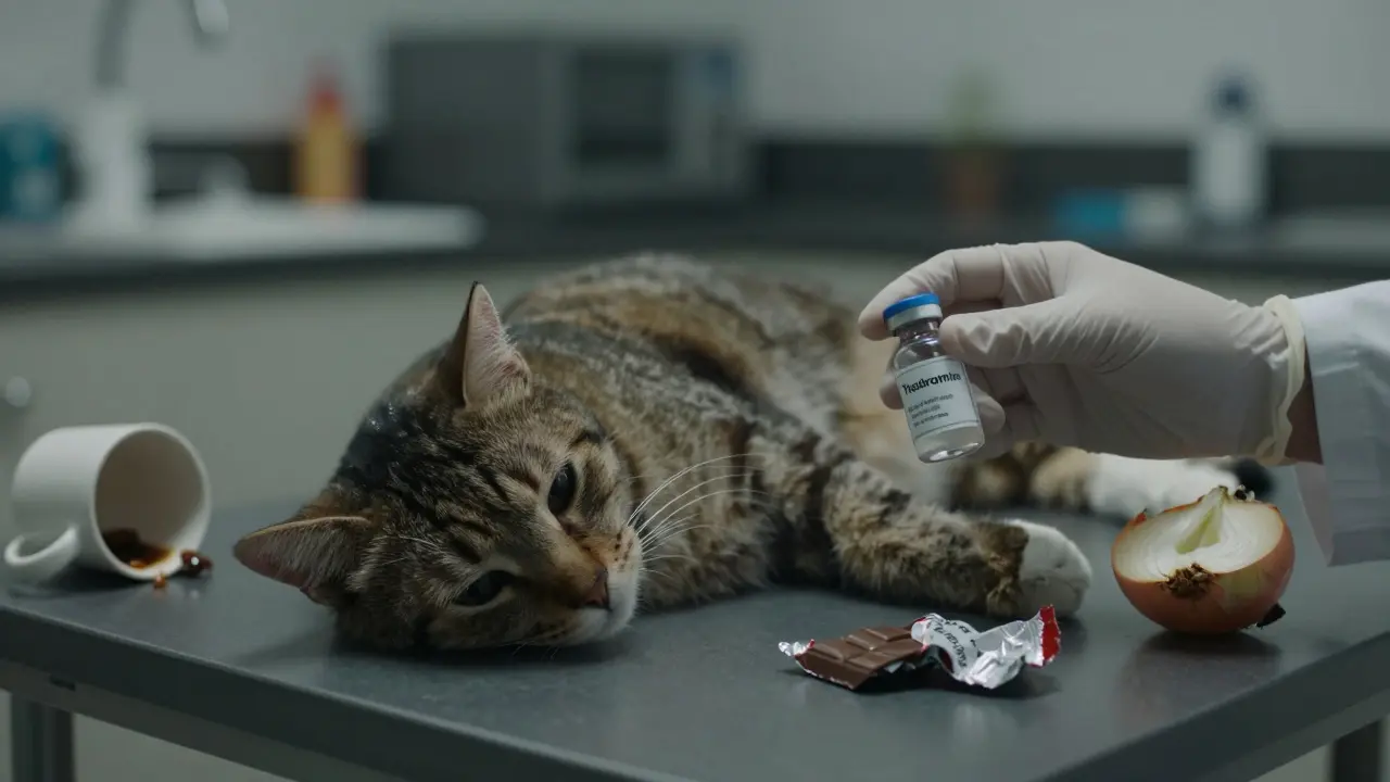 Больная кошка на ветеринарном столе, рядом — упаковка шоколада и лук.