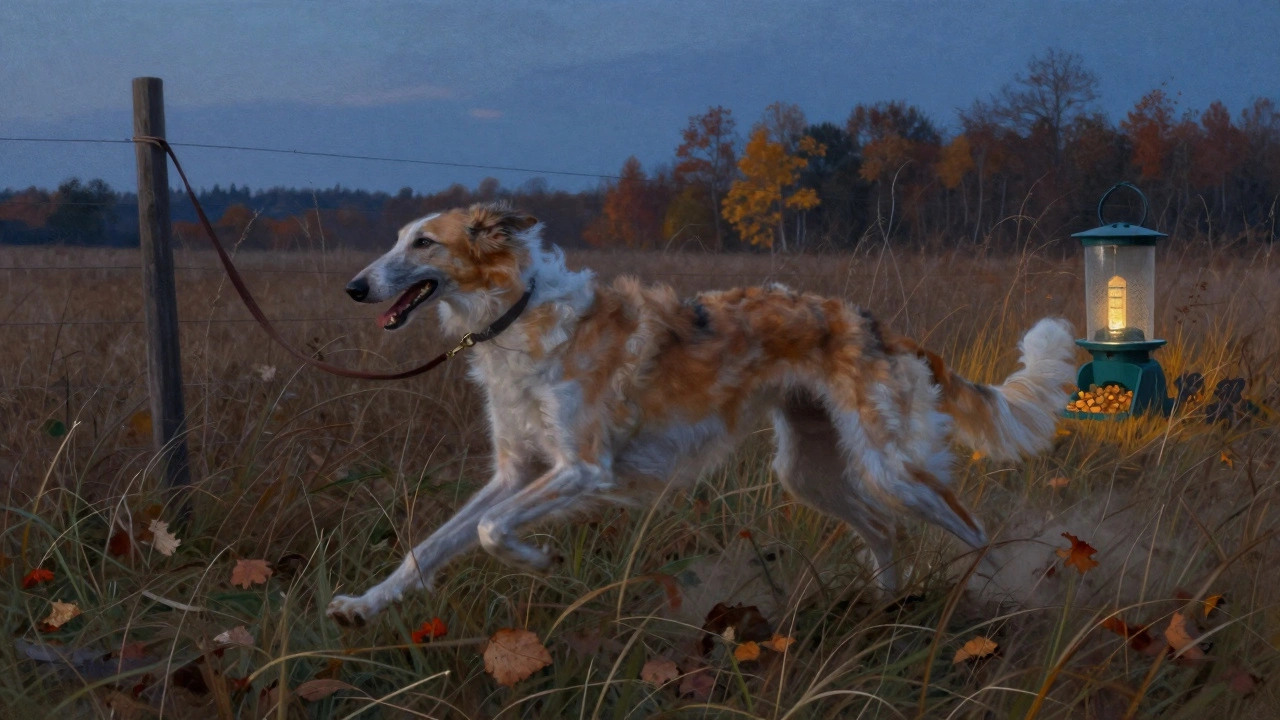 Борзая бежит по осенней траве на закате, рядом автоматическая кормушка.