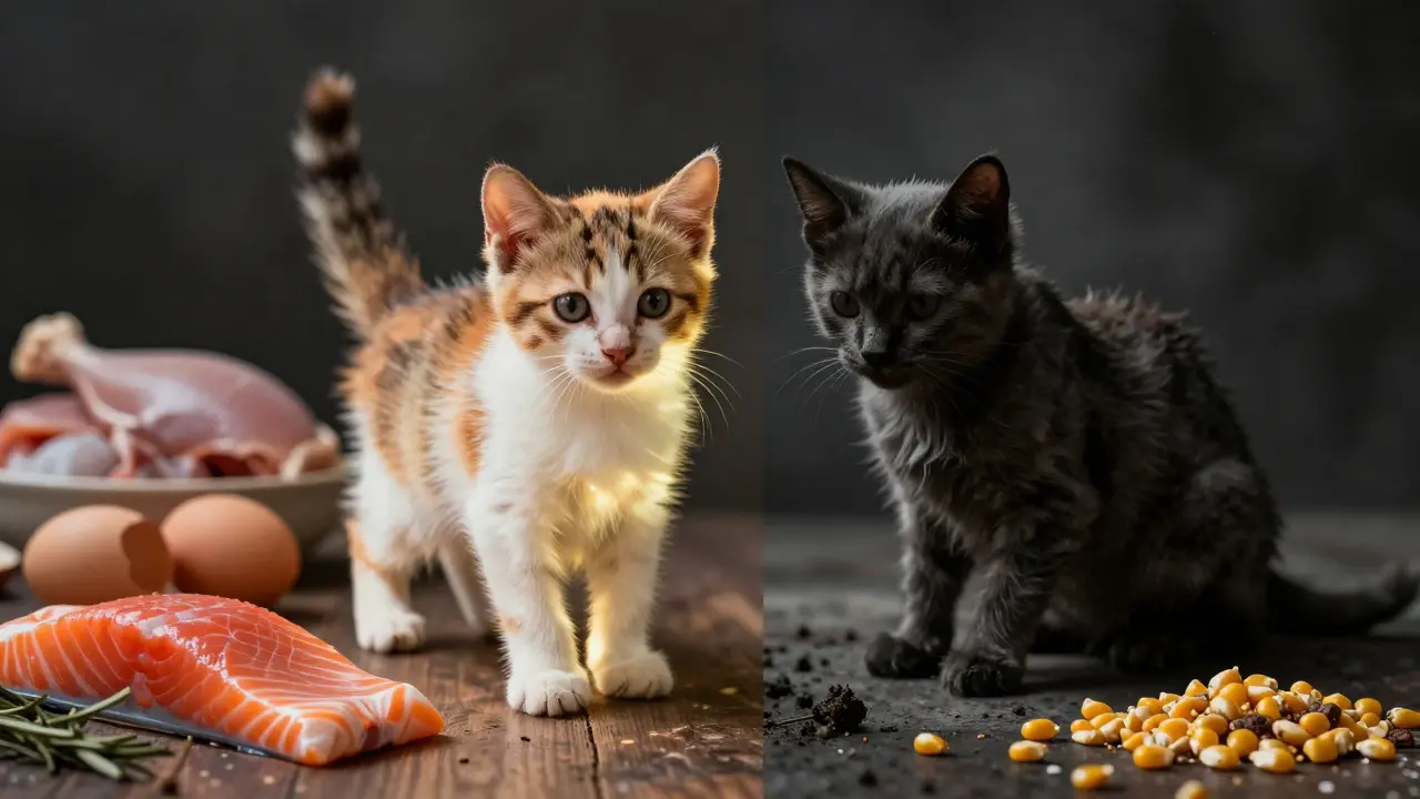 Два котенка: один здоровый с блестящей шерстью, другой слабый — символ сбалансированного и неправильного питания.