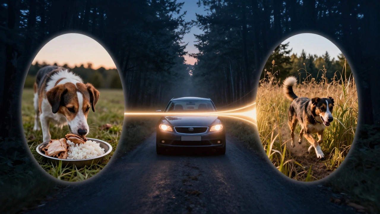 Хронология кормления: вечером еда, утром поездка, днем охота — собака бежит по лесу с энергией.