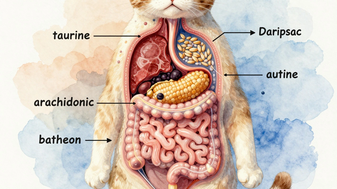 Художественное изображение внутреннего строения кошки с потоками питательных веществ от мяса и пустыми злаками в желудке.