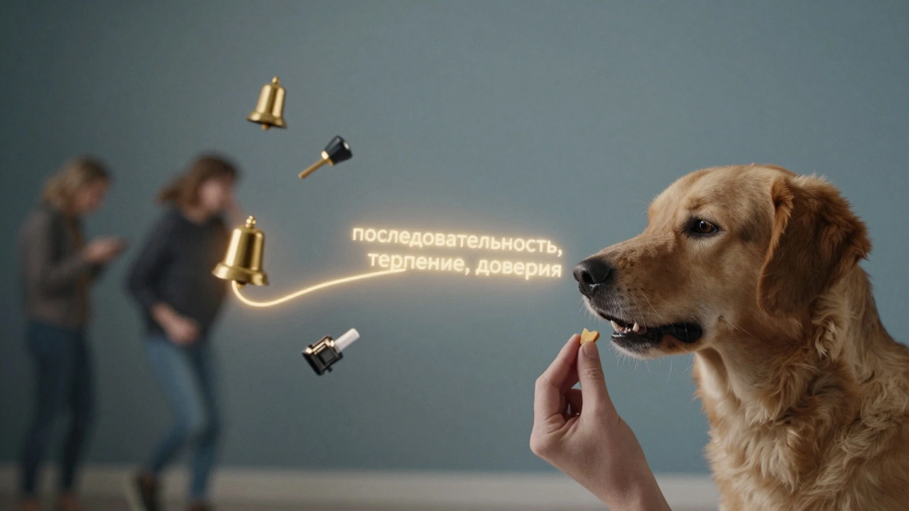 Концептуальное изображение внутреннего перехода собаки от тревоги к спокойствию через положительное подкрепление.