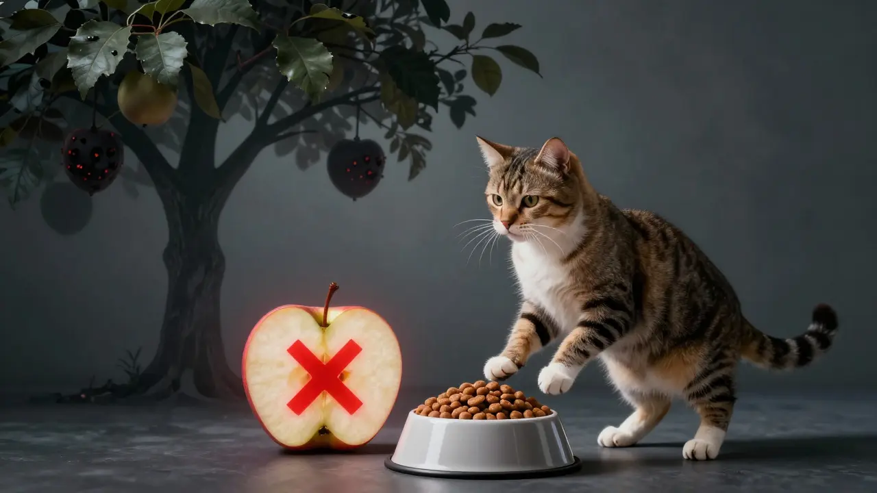 Кошка выбирает между кормом и запрещённым яблоком с красным крестом.