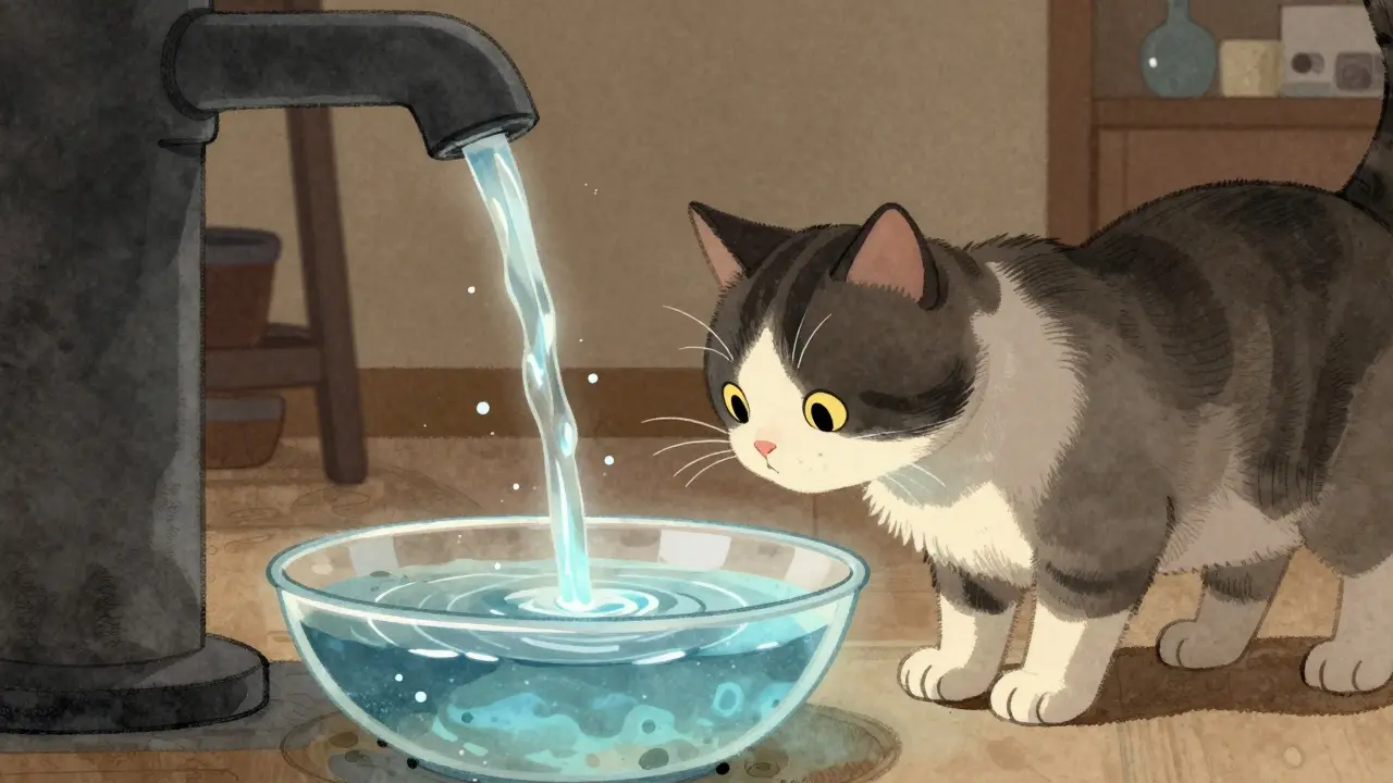 Кот смотрит на текущую воду из фонтанчика, вода словно светится, вода в миске неподвижна.