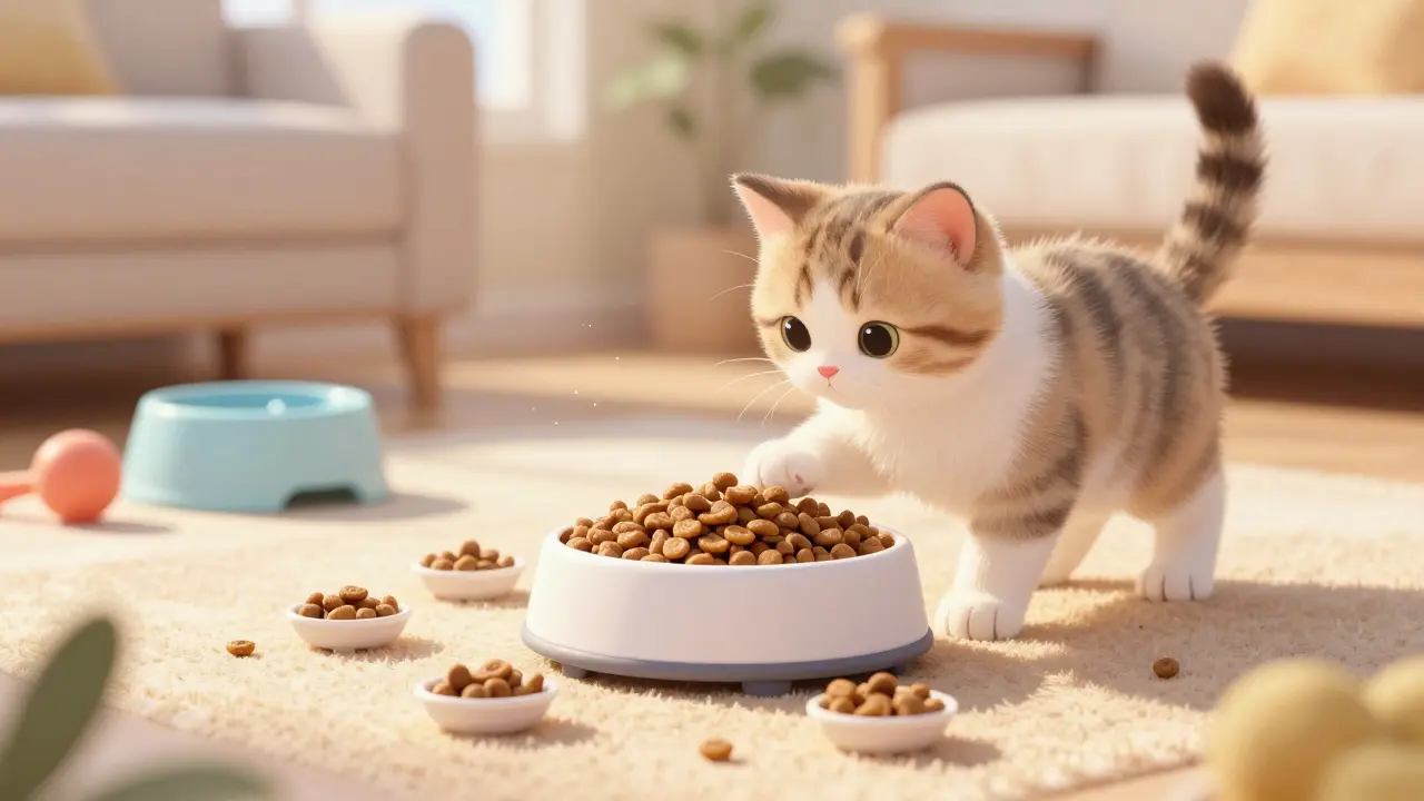 Котенок играет с кормушкой-головоломкой, наполненной сухим кормом, в уютной комнате.