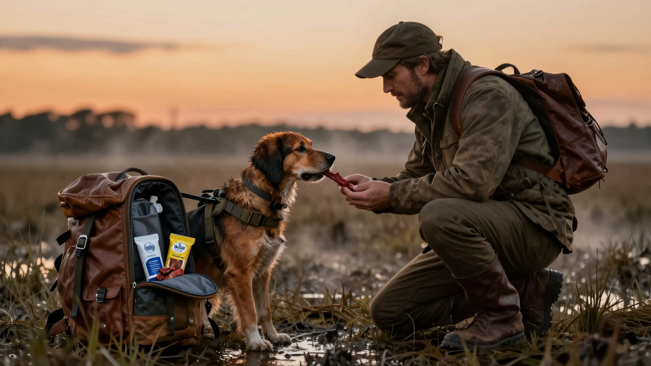 Охотник угостил собаку сушёным мясом на болоте при закате.
