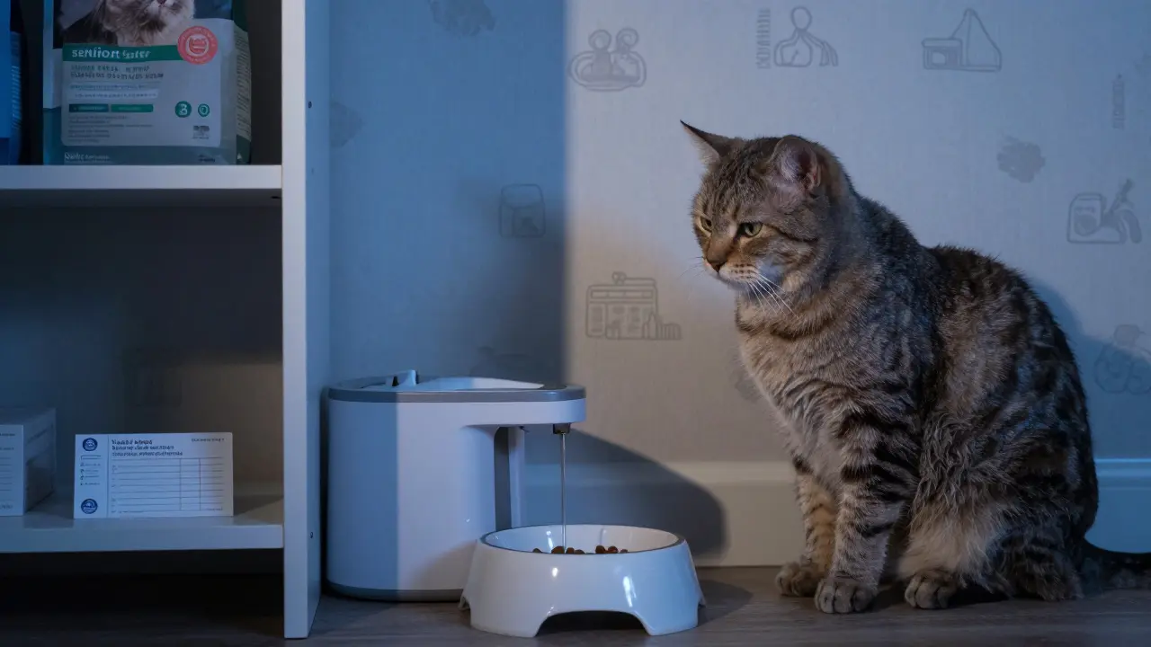 Пожилая кошка сидит у пустой миски, рядом — упаковка специального корма для пожилых.