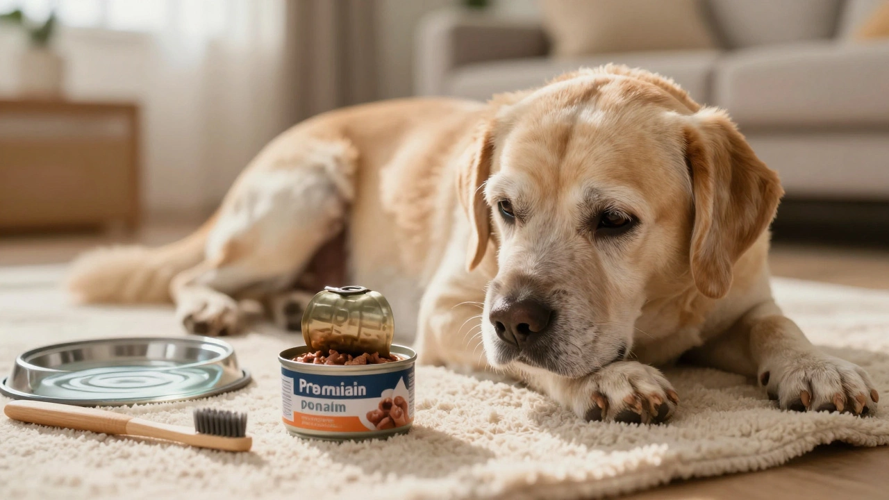 Пожилая собака отдыхает рядом с открытой банкой влажного корма и щеткой.