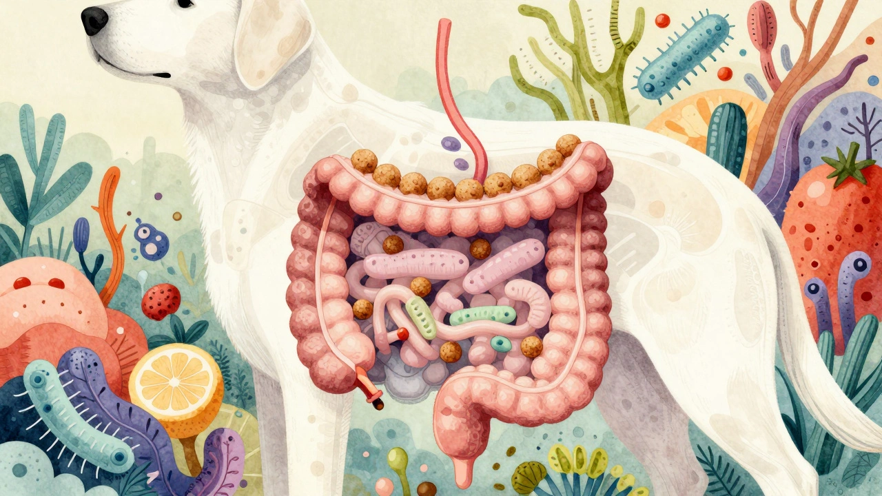Прозрачное изображение кишечника собаки с однотипным кормом и слабой микрофлорой.