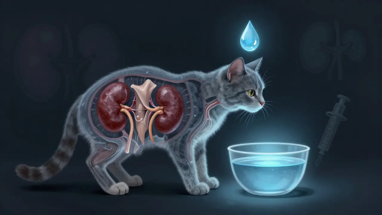 Прозрачный кот с изображением обезвоженных органов, рядом — чистая миска с водой, излучающая свет.