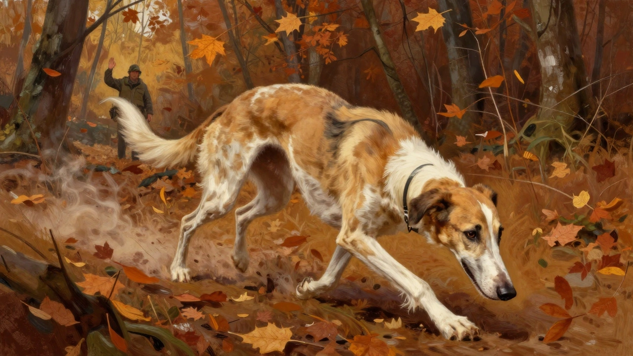 Русская гончая на следу в осеннем лесу, охотник подаёт сигнал остановки.