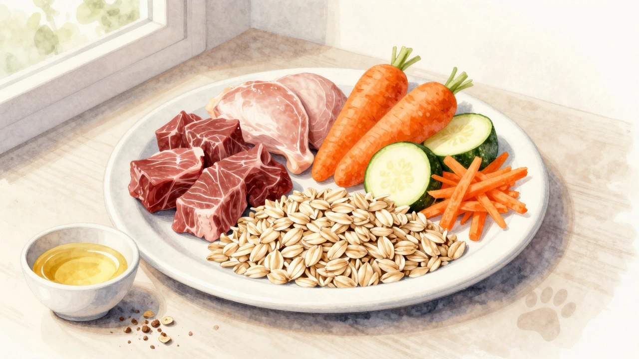 Сбалансированный рацион спаниеля: мясо, овощи и крупы, нарисованные водяными красками без текста.