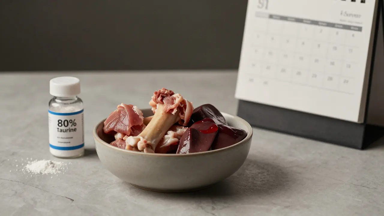 Сбалансированный сырой рацион кошки с добавками таурина и кальция на мраморной поверхности.