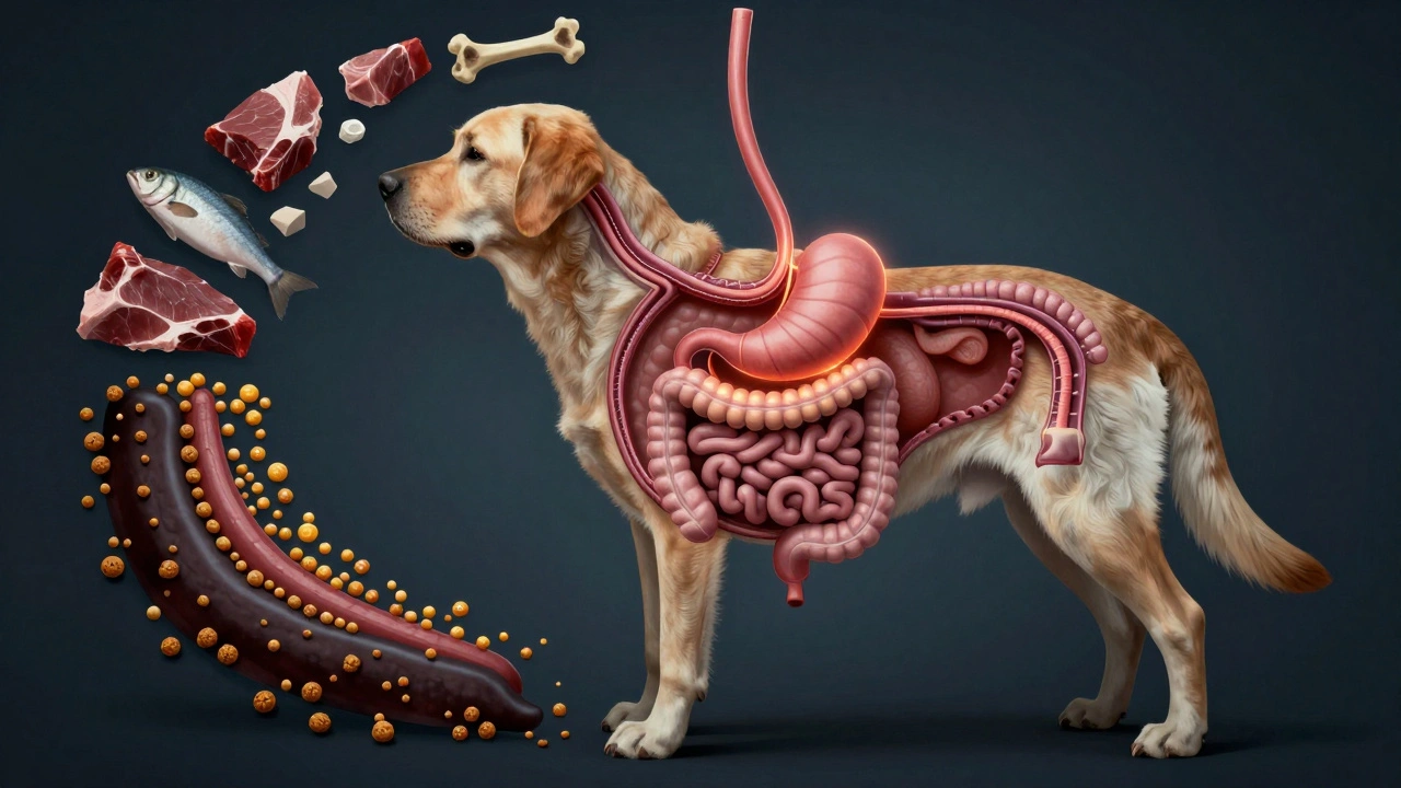 Схема пищеварительной системы собаки с изображением полезных и вредных ингредиентов в виде световых путей.