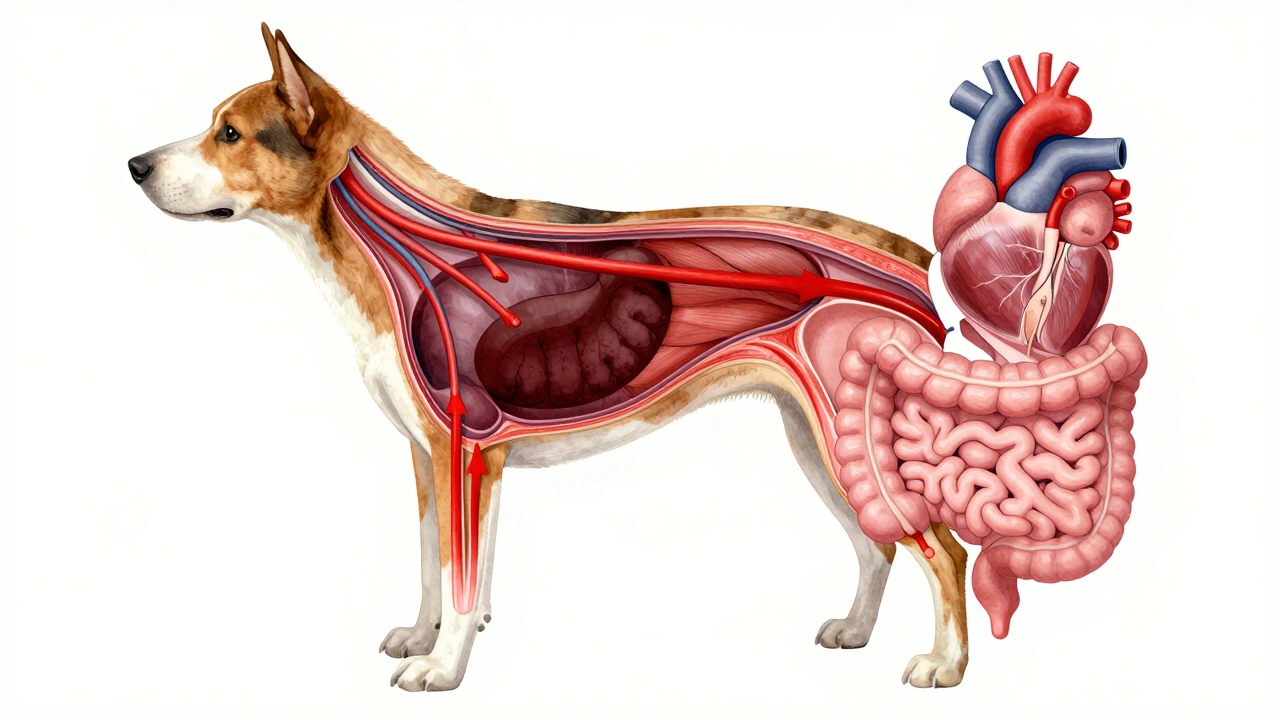 Схема внутри собаки: кровь течет к мышцам, а не к желудку, пустой желудок, движение во время поездки.